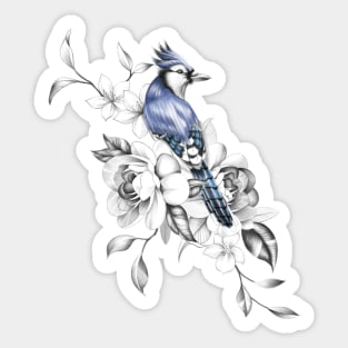 Beautiful Blue Jay Sitting on a Tree Branch with Flowers Sticker